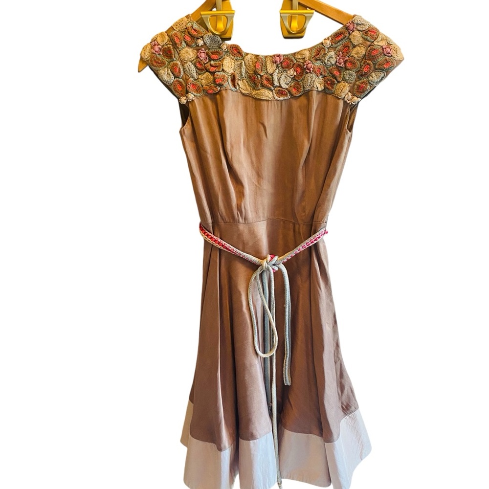 Anthropologie Conditions Tan Silk Blend Fit And Flare Embroidered Neckline Dress - Picture 2 of 12